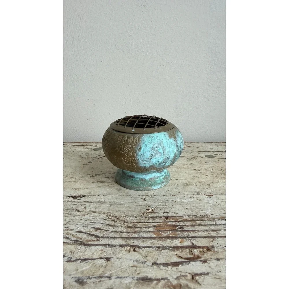 Vintage Etched Brass Rose Bowl Flower Frog Verdigris Patina Leaf Pattern 4in